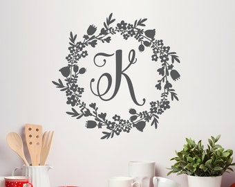 Initial Flower Wreath Decal | Personalized Floral Wall Decal | Farmhouse style vinyl