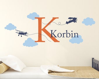 Personalized Airplane and Cloud Set | Boy Name & Initial | Plane Bedroom Decor | Large Version 2