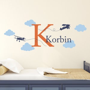 Personalized Airplane and Cloud Set Boy Name & Initial Plane Bedroom Decor Large Version 2 image 1