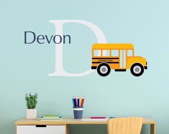 School Bus Decal Set - Initial & Name Personalized Wall Decal - Truck Decor