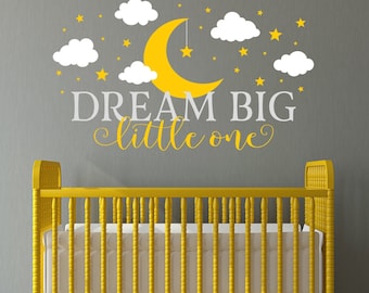 "Dream Big Little One" Nursery Wall Decal Set - Moon & Stars Vinyl Stickers For Kids' Room (White)