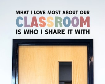 May include: A classroom door with a sign that reads "What I love most about our classroom is who I share it with". The sign has colourful letters in a rainbow pattern.