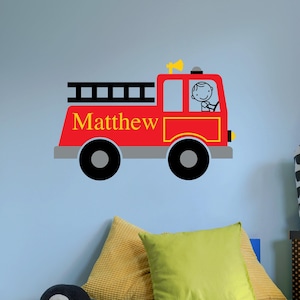 Firetruck Wall Decal Personalized | Boy Name Fireman Vinyl | Fire Truck Wall Sticker
