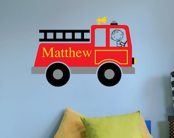 Firetruck Wall Decal Personalized | Boy Name Fireman Vinyl | Fire Truck Wall Sticker