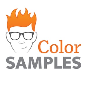May include: A logo for a company called "Color Samples" featuring a cartoon illustration of a person with orange hair and glasses. The text "Color Samples" is in gray.