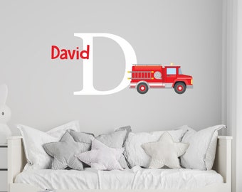 Personalized Fire Truck Initial and Name Wall Decal Set | Kids Room Decor