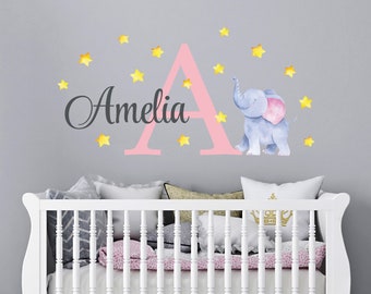 Personalized Girl Decal with Elephant & Stars | Nursery Decor | Elephant Themed Room | Baby Shower Gift