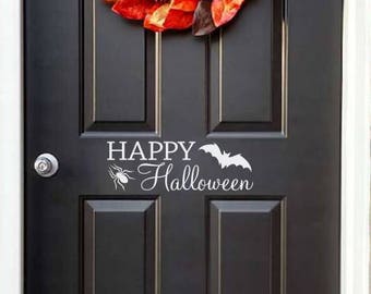 Happy Halloween Vinyl | Door Sticker | Spider and Bat | Halloween Wall Decal