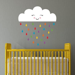 Cloud with Rainbow Raindrops Decal Set - Nursery Decor - Smiling Cloud Wall Art