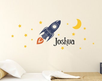 Space Wall Decal - Rocket Decal Set - Boys Name with Moon and Stars Wall Stickers - Bedroom Decor