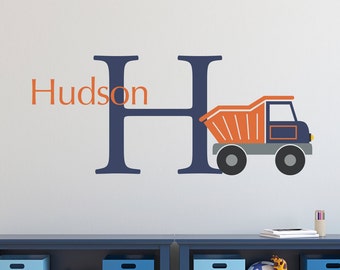 Dump Truck Initial Name Wall Decal Set - Personalized Truck Wall Decal - Boy Bedroom Wall Art - Large