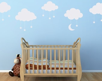 Cloud Decal Set with Dangle Stars & Moon | Set of FIVE Clouds | Nursery Decor