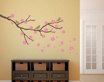 Cherry Blossom Wall Decal with Birds - Flower Decals with Branch - Japanese Wall Decal - Large