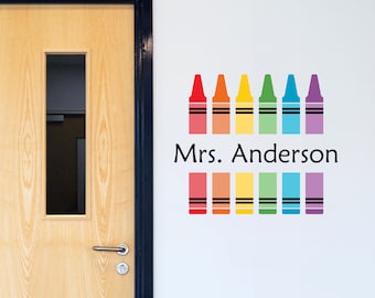 Calcomanía con nombre de profesor/Diseño de crayón/Decoración personalizada para el aula