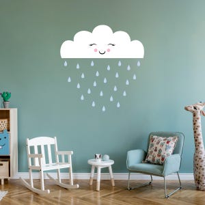 Conjunto de decalques de nuvem sorridente com gotas de chuva | Decoração de berçário | Arte de parede para quarto de criança
