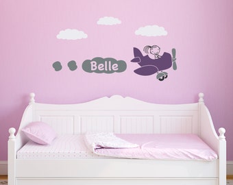 Airplane Wall Decal with Girls Personalized Name - Plane Wall Sticker - Bedroom Decal - Children Wall Decals