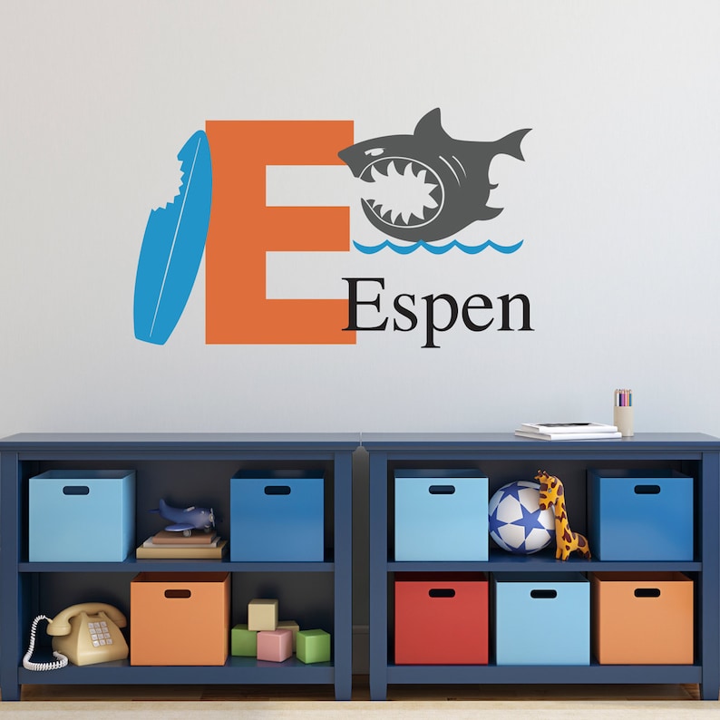 Large Shark Initial Name Wall Decal Set Boy Bedroom Wall Sticker Shark Wall Decal