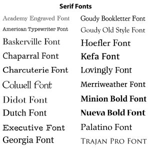 Op de afbeelding: Een lijst met serif-lettertypen, waaronder Academy Engraved, American Typewriter, Baskerville, Chaparral, Charcuterie, Colwell, Didot, Dutch, Executive, Georgia, Goudy Bookletter, Goudy Old Style, Hoefler, Kefa, Lovingly, Merriweather, Minion Bold, Nueva Bold, Palatino en Trajan Pro.