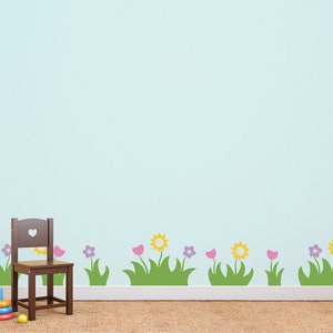 Grass and Flowers Wall Decal - Set of 7 Grass Patches with flowers - Grass Decals - Kids Bedroom Decal