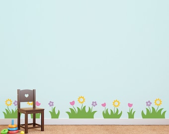 Juego de vinilos decorativos de hierba y flores para pared - Decoración para la habitación infantil