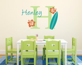 Initial & Name Wall Decal with Surfboard and Hibiscus Flowers - Hawaiian Wall Decal - Surfboard Decal - Medium