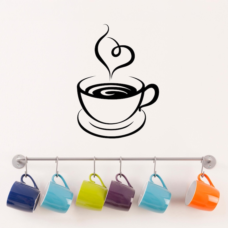 Coffee Cup Decal. I Love Coffee Wall Art. Heart Steam.