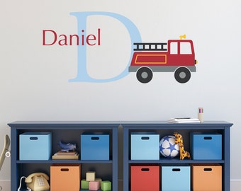 Firetruck Initial Name Wall Decal Set - Personalized Fire Truck Wall Decal - Boy Bedroom Wall Art - Large