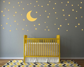 Moon and Stars Wall Decal Set - 74 Star Decals - Moon Wall sticker - Nursery Wall Decal Set