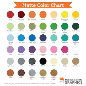 Op de afbeelding: Een kleurenkaart met 36 verschillende matte kleuren, waaronder rood, bordeauxrood, kaki, oranje, ma&iuml;s, zwavelgeel, geel, limoen, celadon, olijf, limoengroen, geelgroen, middelgroen, donkergroen, poederblauw, lichtblauw, azuurblauw, donkerblauw, mint, turquoise, turquoiseblauw, lila, lavendel, violet, roze carnation, roze, roze, wit, lichtgrijs, grijs, donkergrijs, zwart, ivoor, beige, lichtbruin, roest, bruin, metallic zilver, metallic goud en metallic koper. De kaart is getiteld "Matte Kleurenkaart".