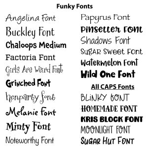 Op de afbeelding: Een lijst met verschillende lettertypen in verschillende stijlen, waaronder "Angelina Font", "Buckley Font", "Chaloops Medium", "Factoria Font", "Girls Are Weird Font", "Grinched Font", "henparty font", "Melanie Font", "Minty Font", "Noteworthy Font", "Papyrus Font", "Pinsetter Font", "Shadows Font", "Sugar Sweet Font", "Watermelon Font", "Wild One Font", "BLINKY FONT", "HOMEMADE FONT", "KRIS BLOCK FONT", "MOONLIGHT FONT" en "SUGAR HUT FONT".