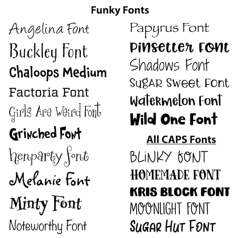Op de afbeelding: Een lijst met verschillende lettertypen in verschillende stijlen, waaronder "Angelina Font", "Buckley Font", "Chaloops Medium", "Factoria Font", "Girls Are Weird Font", "Grinched Font", "henparty font", "Melanie Font", "Minty Font", "Noteworthy Font", "Papyrus Font", "Pinsetter Font", "Shadows Font", "Sugar Sweet Font", "Watermelon Font", "Wild One Font", "BLINKY FONT", "HOMEMADE FONT", "KRIS BLOCK FONT", "MOONLIGHT FONT" en "SUGAR HUT FONT".