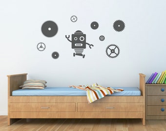 Robot & Gears Decal Set - Robot Wall Decal - Gears Wall Stickers - Boy Bedroom Decor - Large