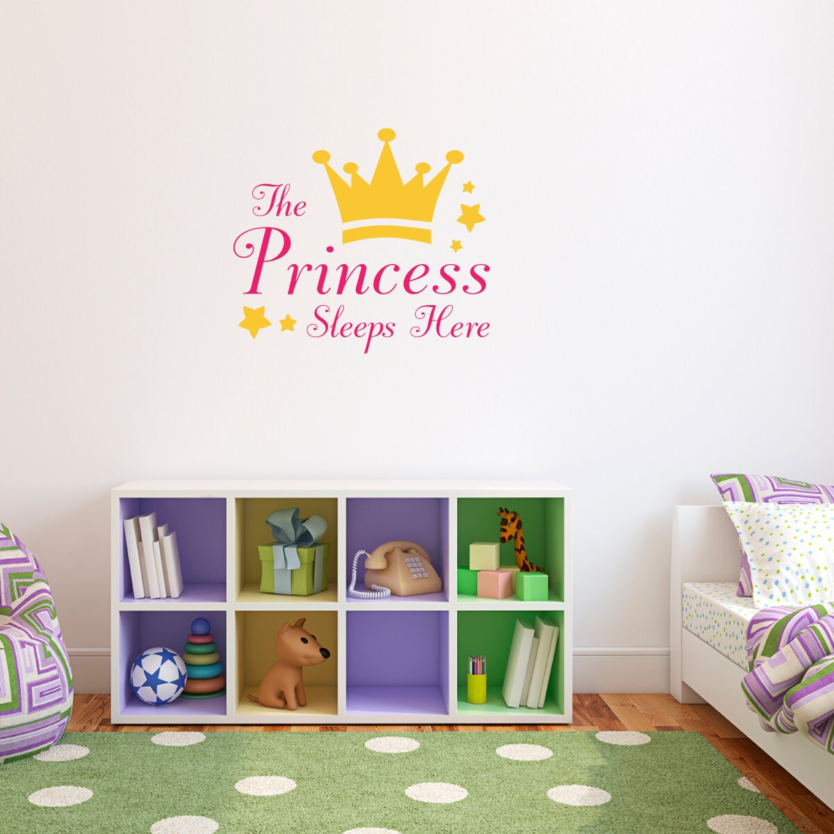 Decal Mural Baby Girl Wall Sticker Pink Crown & Quote The Princess sleeps here 