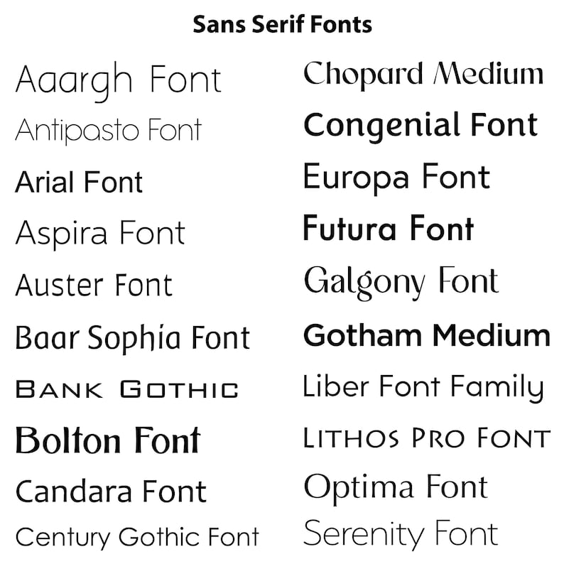 Op de afbeelding: Een lijst met sans-serif lettertypen, waaronder Aaargh, Antipasto, Arial, Aspira, Auster, Baar Sophia, Bank Gothic, Bolton, Candara, Century Gothic, Chopard Medium, Congenial, Europa, Futura, Galgony, Gotham Medium, Liber Font Family, LITHOS PRO FONT, Optima en Serenity.