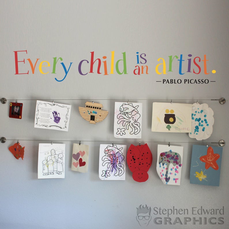 Every Child is an Artist Wall Sticker Children Artwork Display Decal Picasso Quote All Rainbow Color Scheme image 1