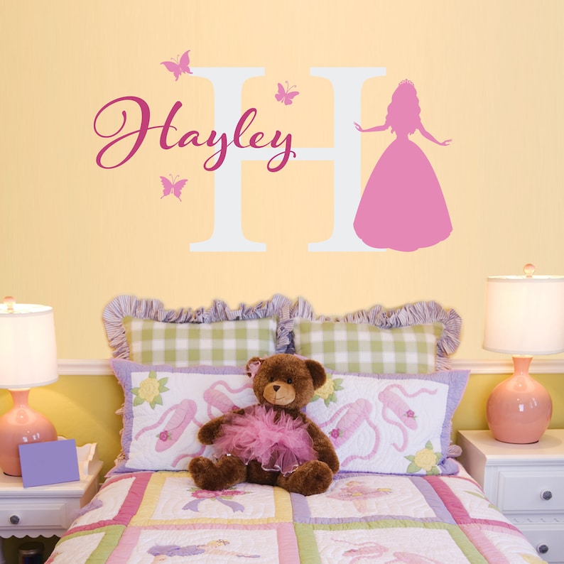 Personalized Wall Decal Large Princess Decal with Initial and Butterflies Initial Girls Name Princess Decal Set