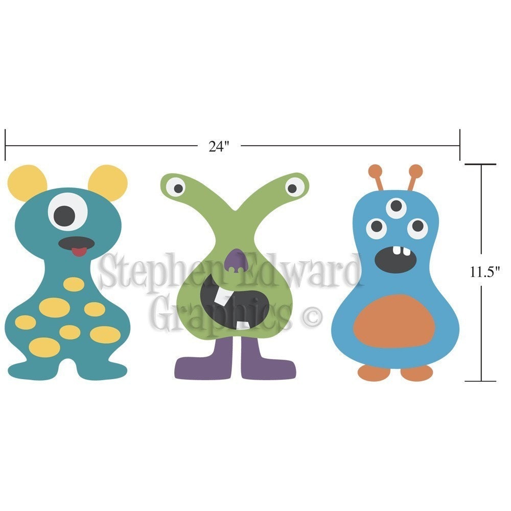 Monster Wall Decals Set of 3 Vinyl Wall Art Children Wall Etsy