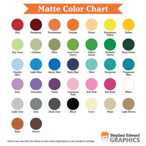 May include: A color chart with 36 different matte colors, each color is represented by a circle with the color name underneath. The colors are arranged in rows and columns. The chart is titled "Matte Color Chart".