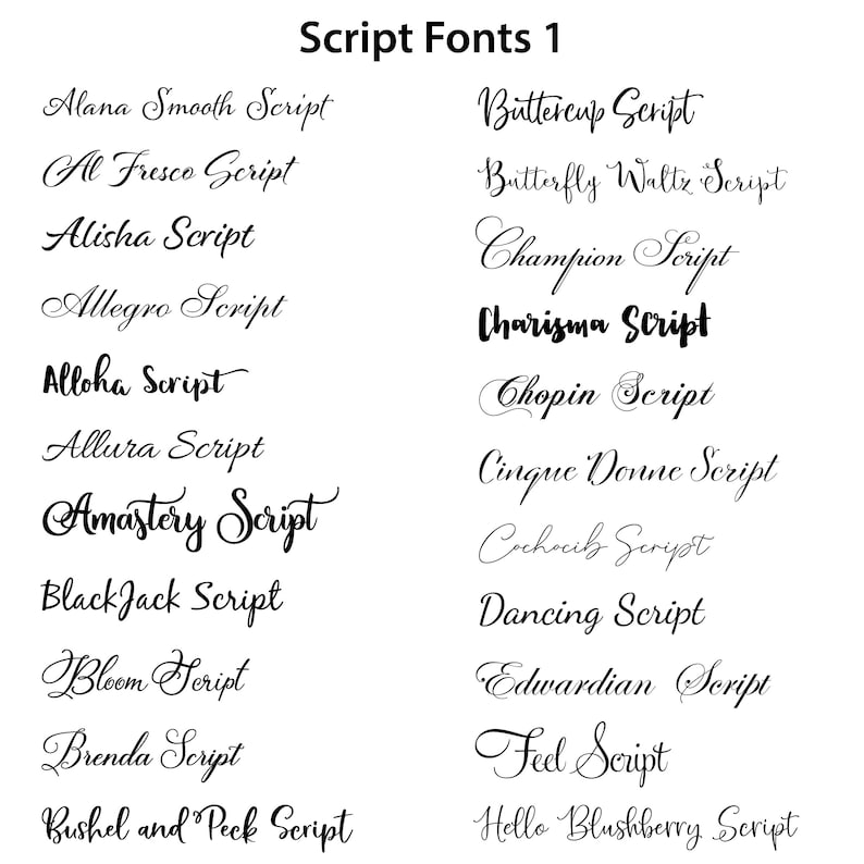 Op de afbeelding: Een lijst met schrijflettertypen, waaronder Alana Smooth Script, Al Fresco Script, Alisha Script, Allegro Script, Alloha Script, Allura Script, Amastery Script, Black Jack Script, Bloom Script, Brenda Script, Bushel and Peck Script, Buttercup Script, Butterfly Waltz Script, Champion Script, Charisma Script, Chopin Script, Cinque Donne Script, Cochocib Script, Dancing Script, Edwardian Script, Feel Script en Hello Blushberry Script.