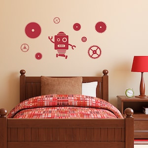 Robot and Gears Decal Set - Gears Wall Decal - Robot Wall Sticker - Boy Bedroom Decor - Medium
