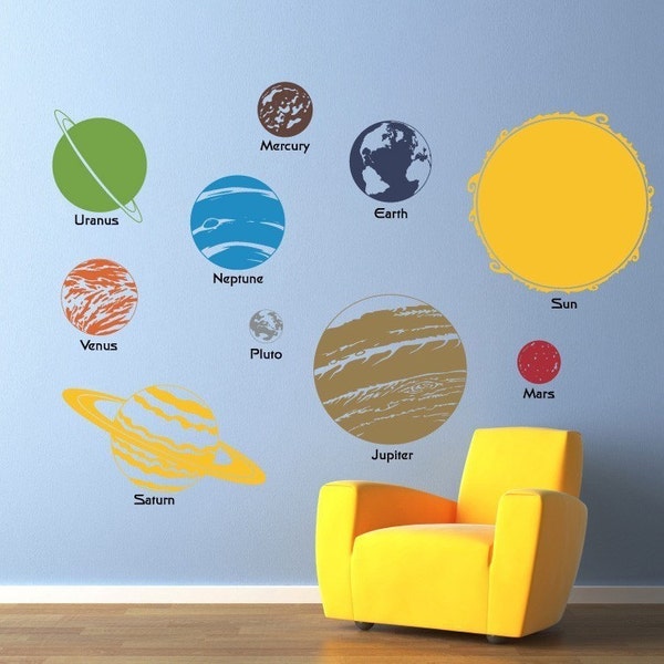 Solar System Wall Decal - Complete Solar System with Planet Names Wall Decor - Children Wall Decals