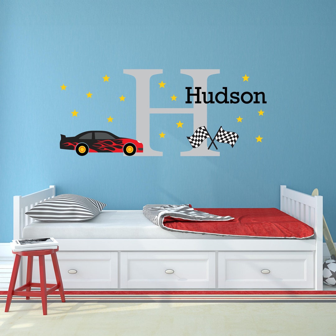 Race Car Wall Decal Set With Personalized Name | Boy Bedroom Decor ...