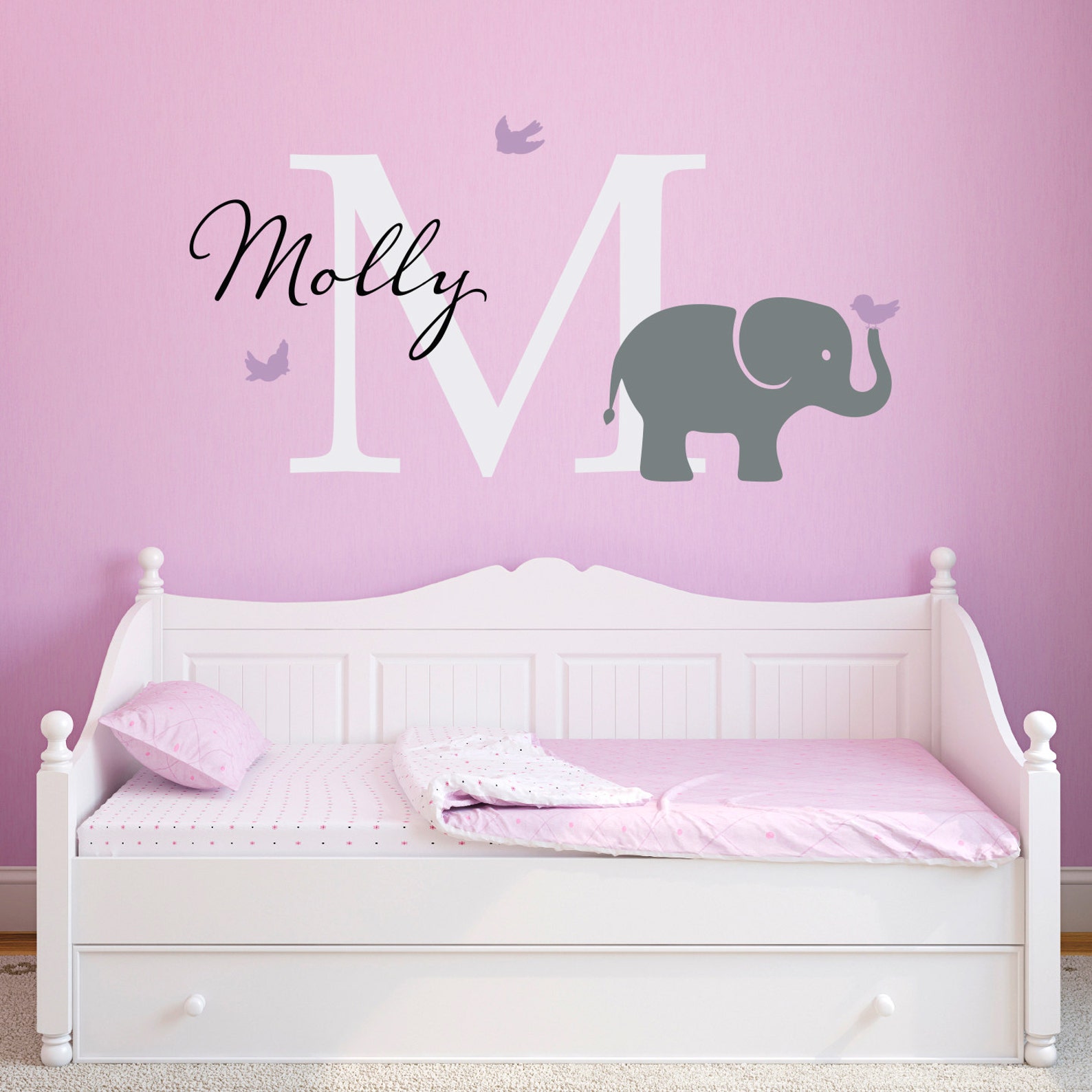 Initial & Name Decal With Elephant and Birds Elephant Wall Etsy