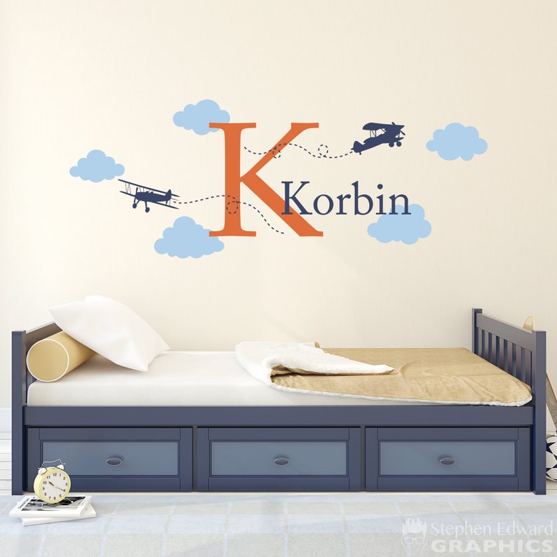 Personalized Airplane and Cloud Set Boy Name & Initial Plane Bedroom Decor Large Version 2 image 1