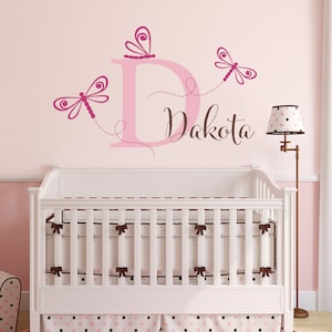 Girls Name Decal with Initial - Dragonfly Wall Decal - Initial Girls Name Dragonfly Decals - Large