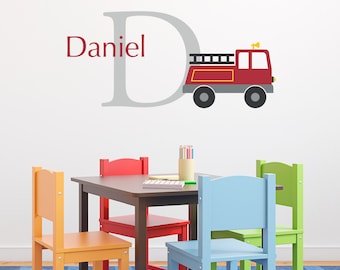 Firetruck Decal Set - Initial & Name Personalized Truck Wall Decal - Boy Bedroom Wall Art - Fire Truck - Medium