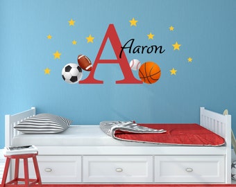 Sports Wall Decal Set with Personalized Initial and Name - Boy Bedroom Decor - Football Basketball Soccer Baseball