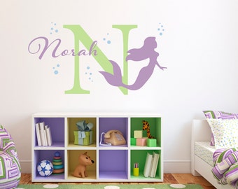 Initial & Name Decal with Mermaid and Bubbles - Mermaid Wall Decal - Custom Girls Name Decal - Large