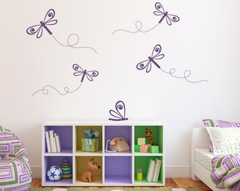 Dragonfly Wall Decal Set - Girl Bedroom Decal - Dragonflies Wall Stickers - Set of 5