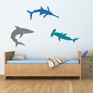 Shark Wall Decal Set: Bull Shark, Hammerhead, Sawshark - Boy Bedroom Decor